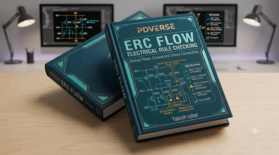 Dark teal 3D technical book about electrical rule checking