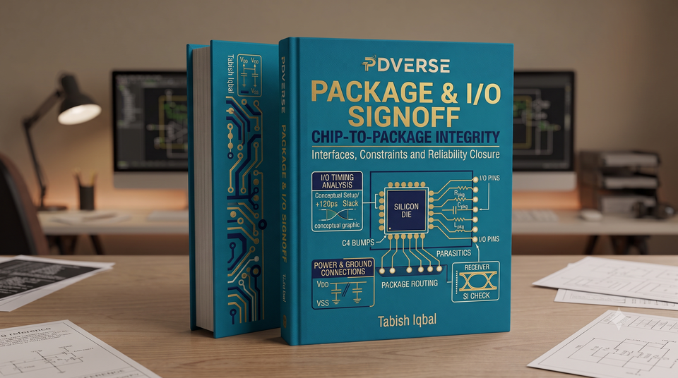 Turquoise and gold 3D technical book about chip-to-package integrity