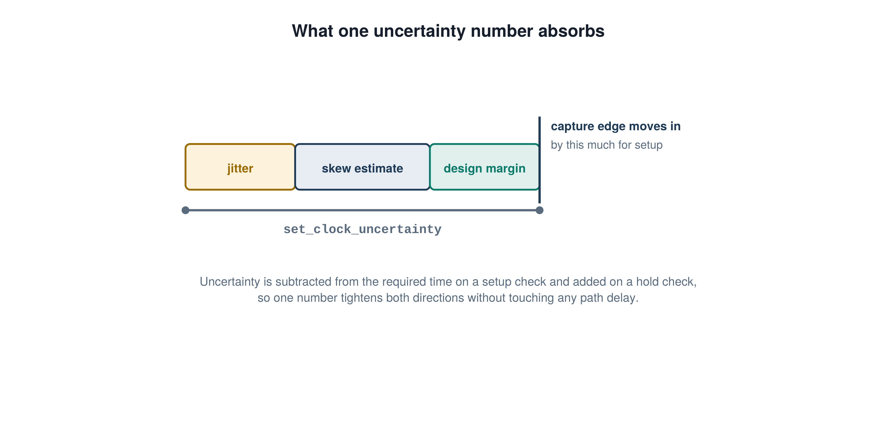 What one uncertainty number absorbs, illustrating the PrimeTime STA concept explained in this interview answer.